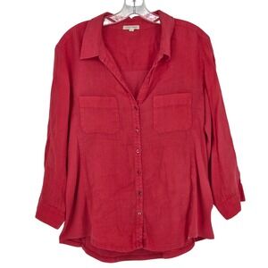 Eileen‎ Fisher Women's Large Organic Irish Linen Button Down Shirt Top Coral Red